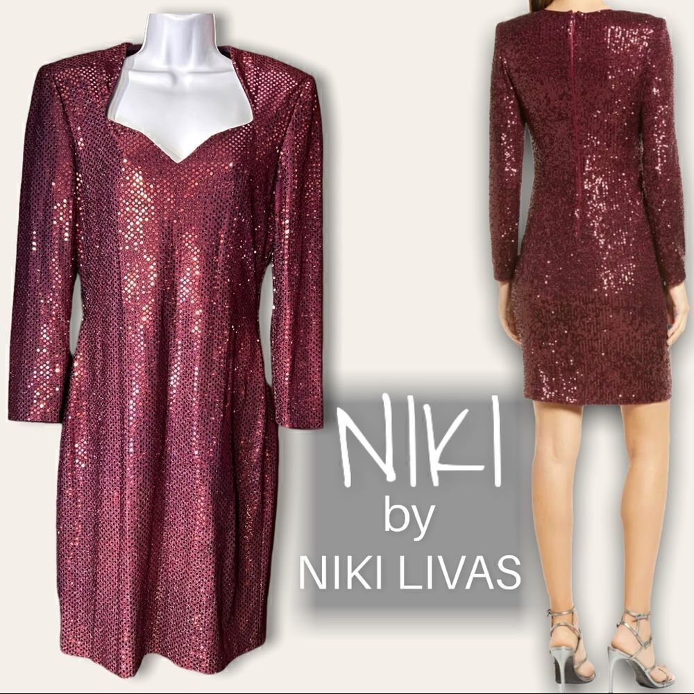 Niki By Niki Livas Burgundy Sequence Evening Dress Long Sleeves Sz 10 USA MADE